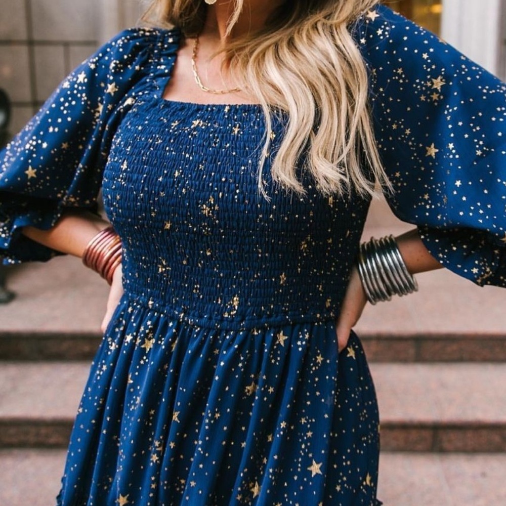 Ivy City Starry Night Stars Navy Smocked Dress M - Picture 2 of 8